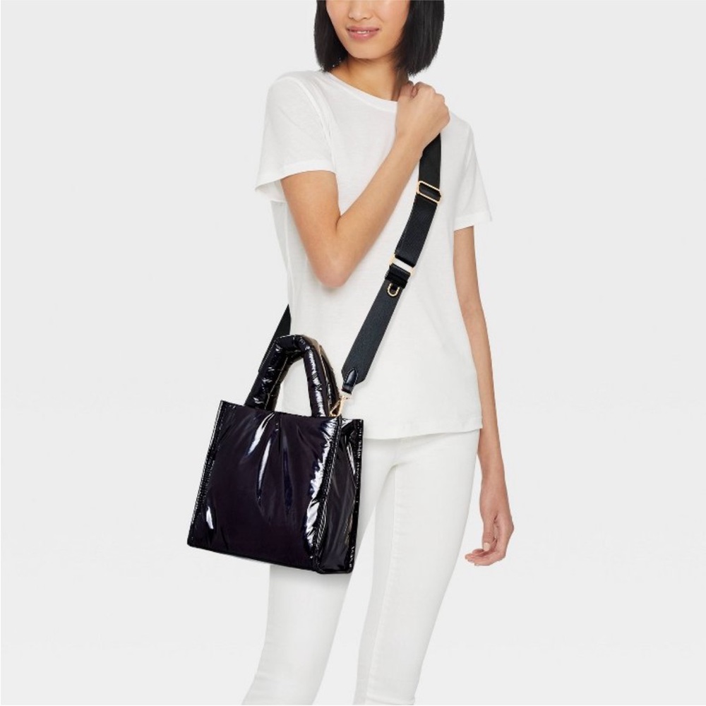 A New Day Black Recycled Nylon Midi Boxy Purse Satchel Handbag Crossbody Strap